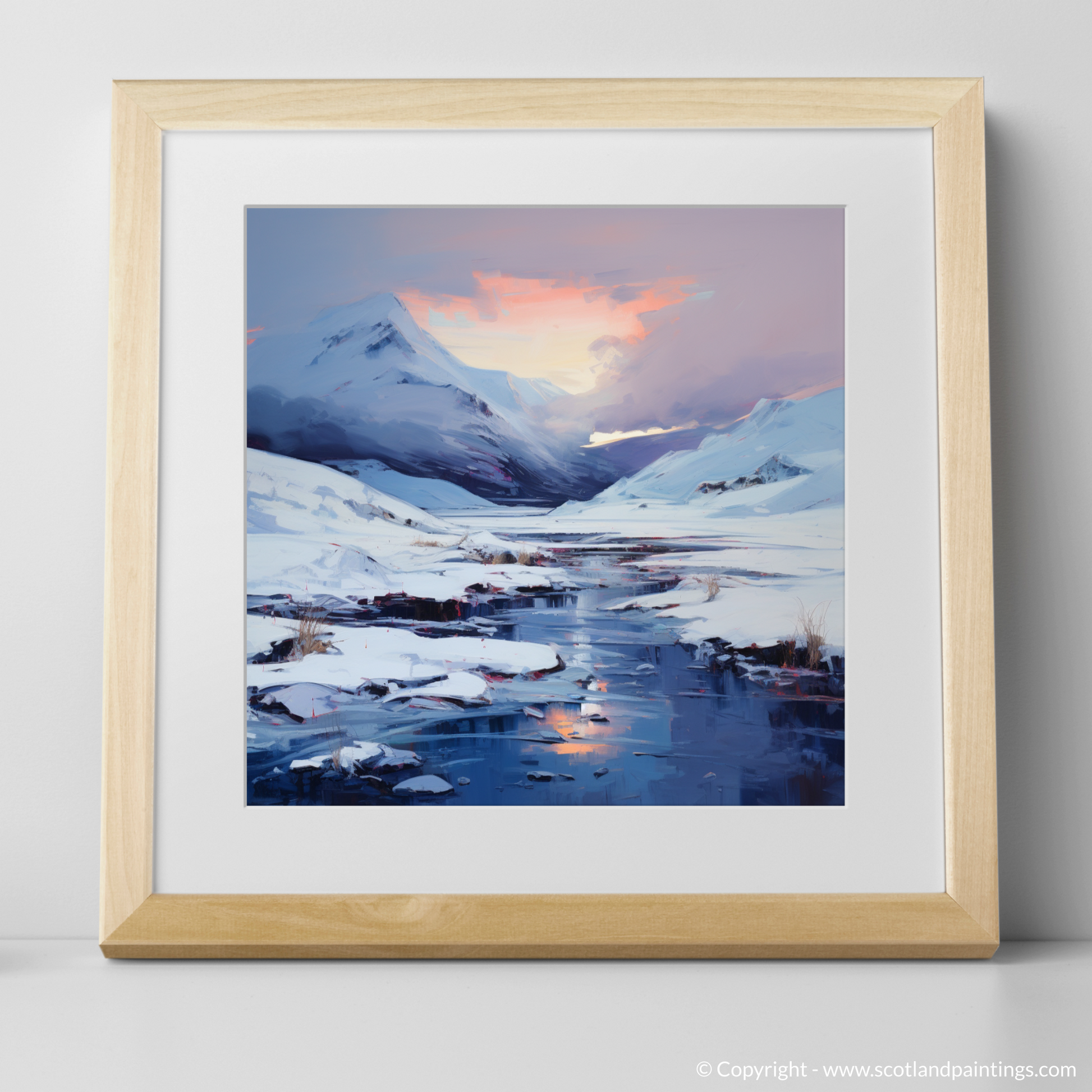 Art Print of Pristine snow at dusk in Glencoe with a natural frame