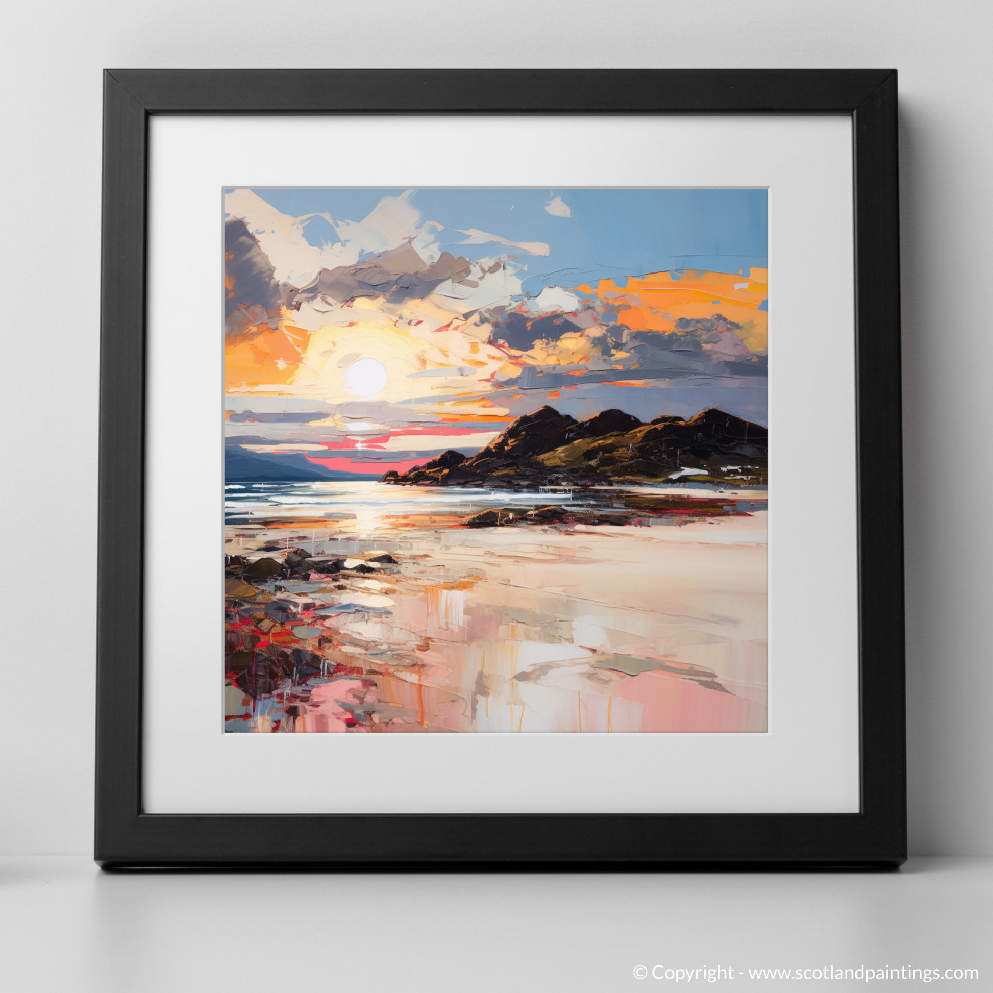 Art Print of Camusdarach Beach at golden hour with a black frame