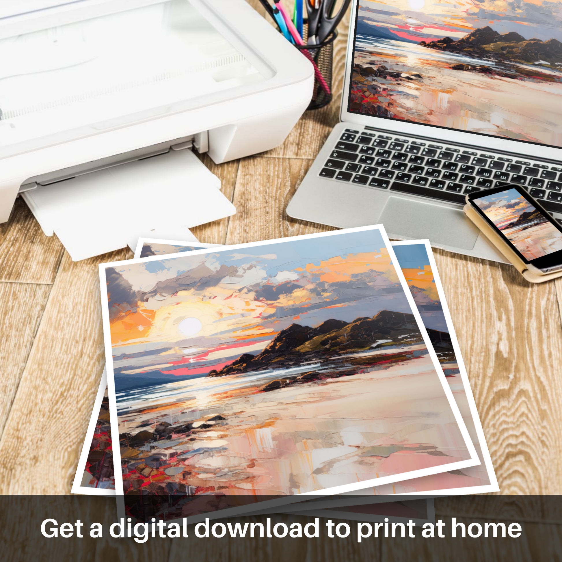 Downloadable and printable picture of Camusdarach Beach at golden hour