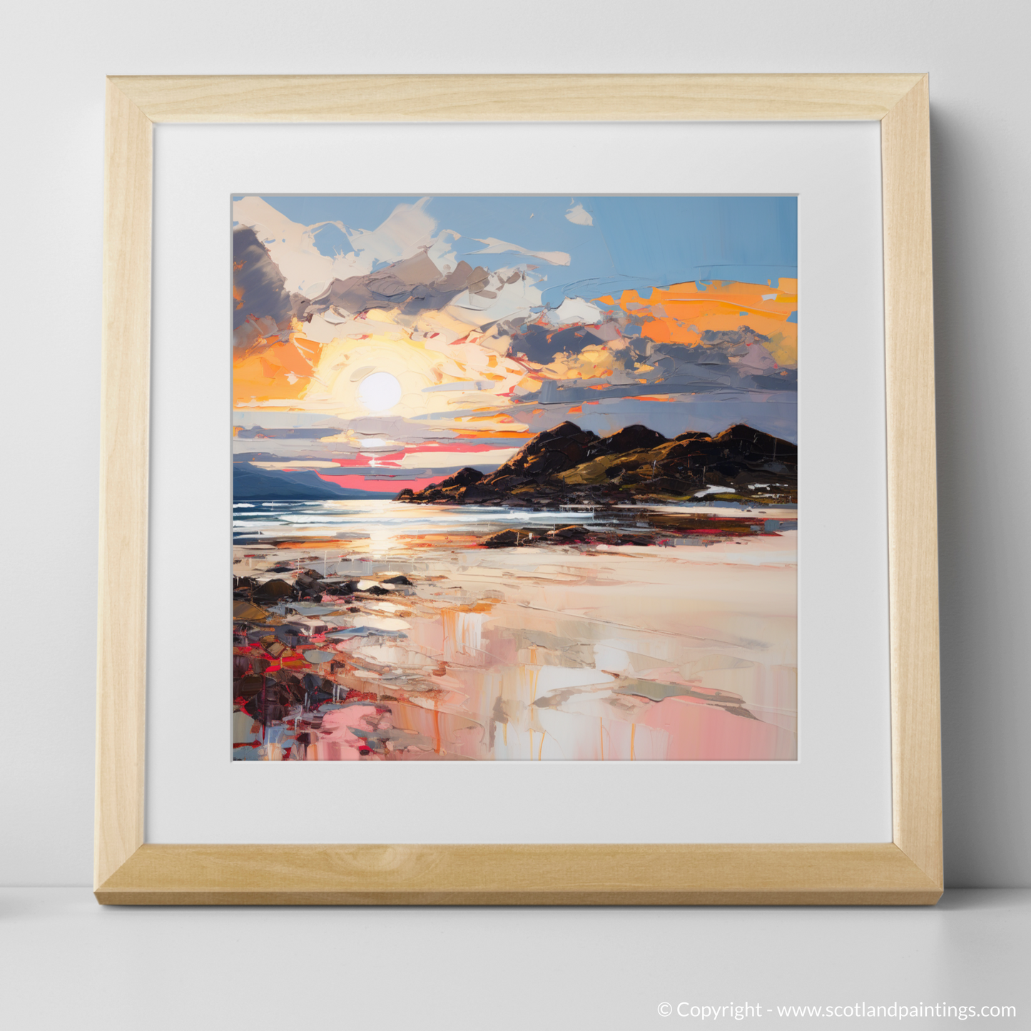 Art Print of Camusdarach Beach at golden hour with a natural frame