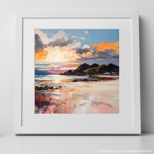 Art Print of Camusdarach Beach at golden hour with a white frame