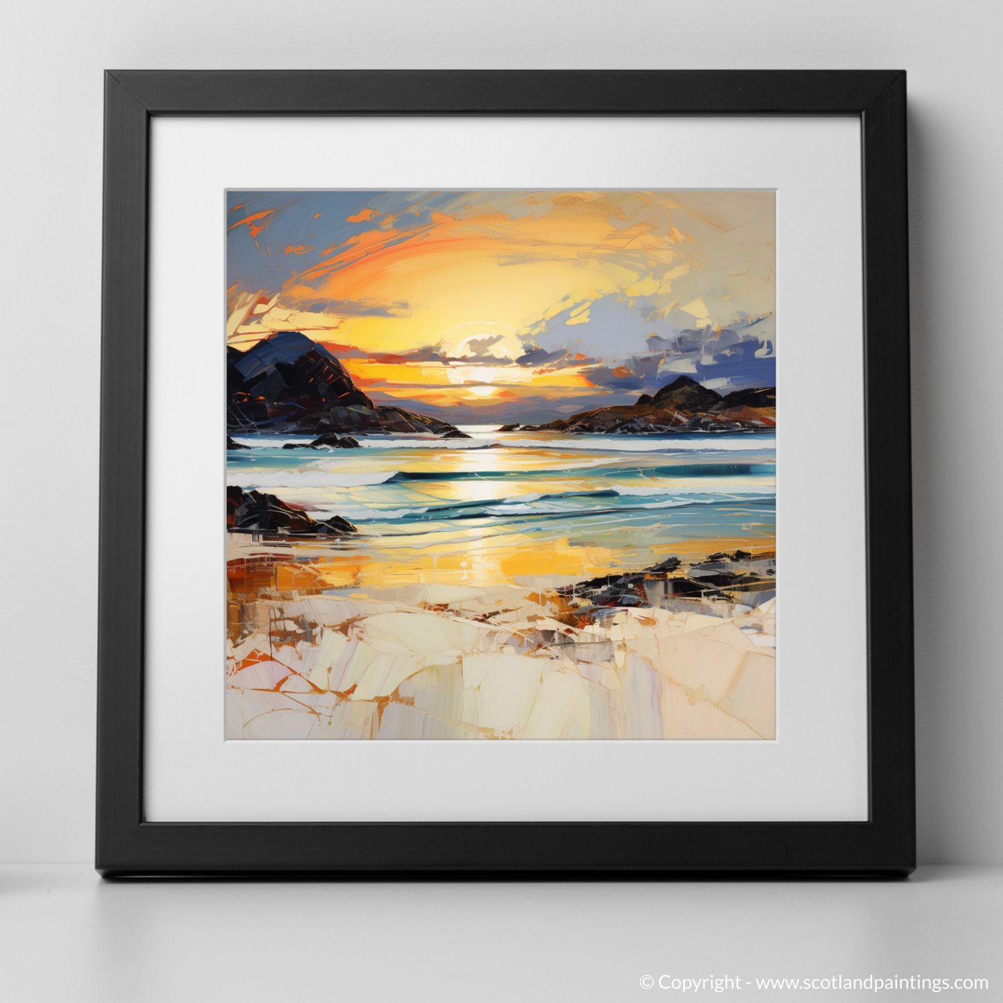 Art Print of Camusdarach Beach at golden hour with a black frame