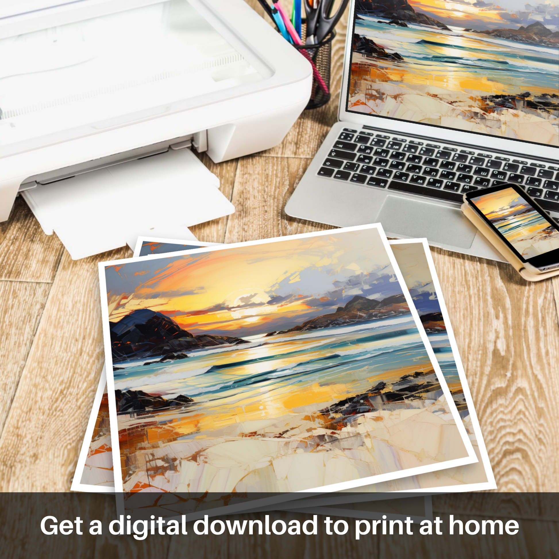 Downloadable and printable picture of Camusdarach Beach at golden hour