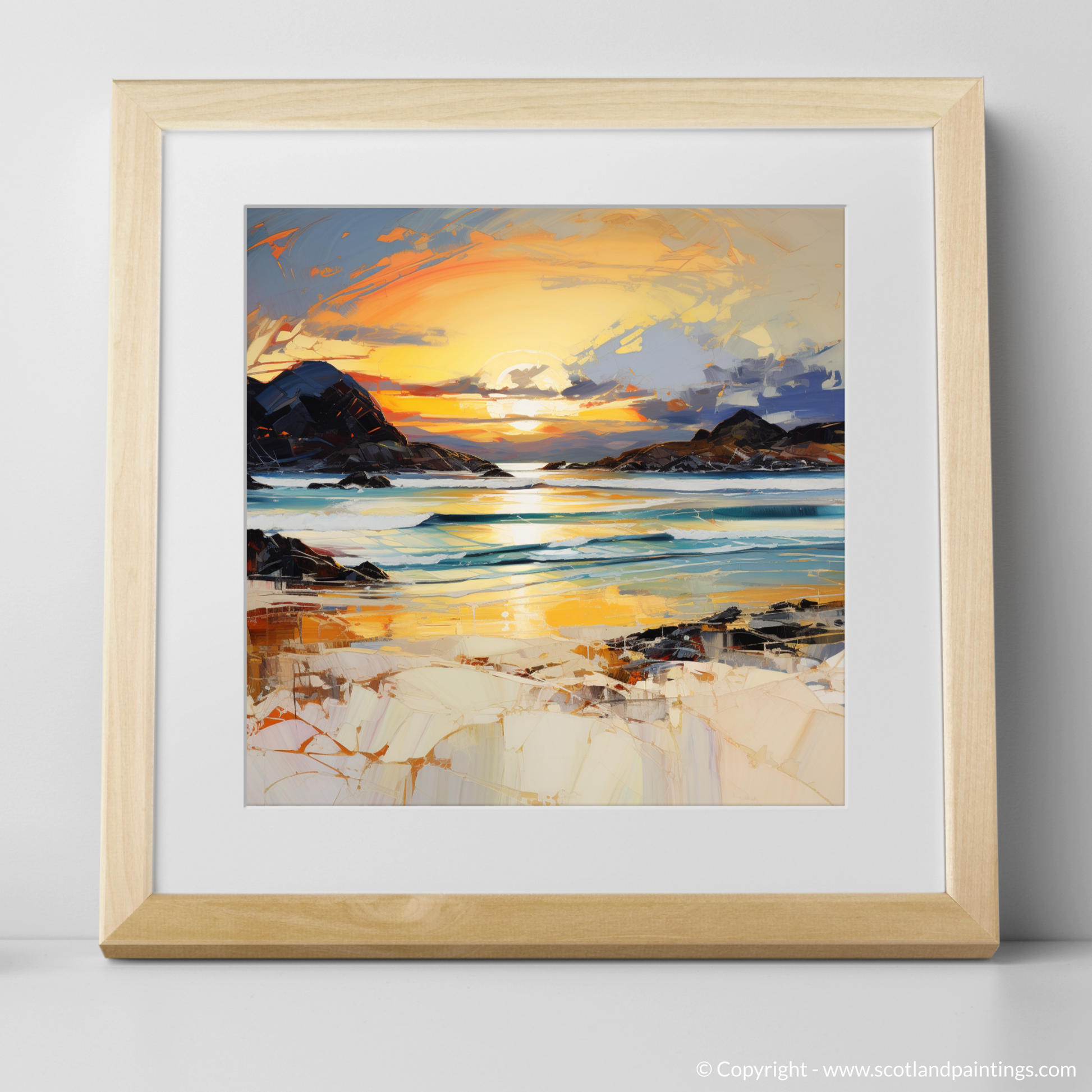 Art Print of Camusdarach Beach at golden hour with a natural frame