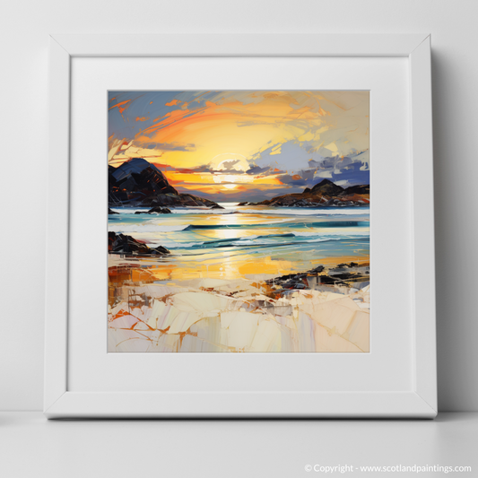 Art Print of Camusdarach Beach at golden hour with a white frame