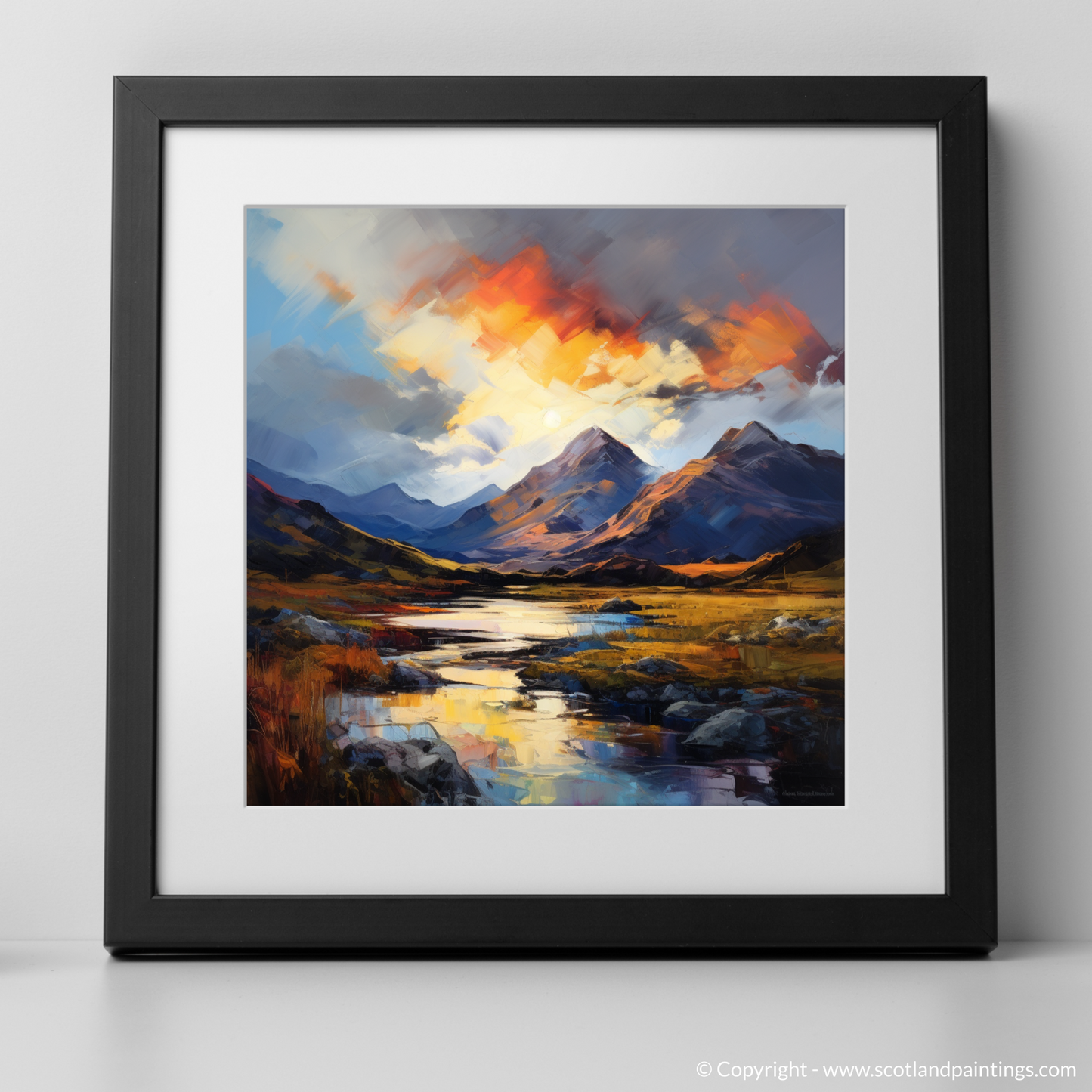 Art Print of Moody clouds at sunset in Glencoe with a black frame