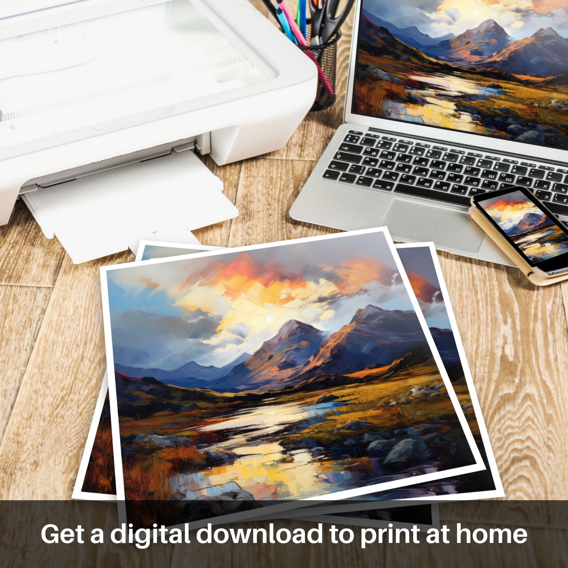 Downloadable and printable picture of Moody clouds at sunset in Glencoe