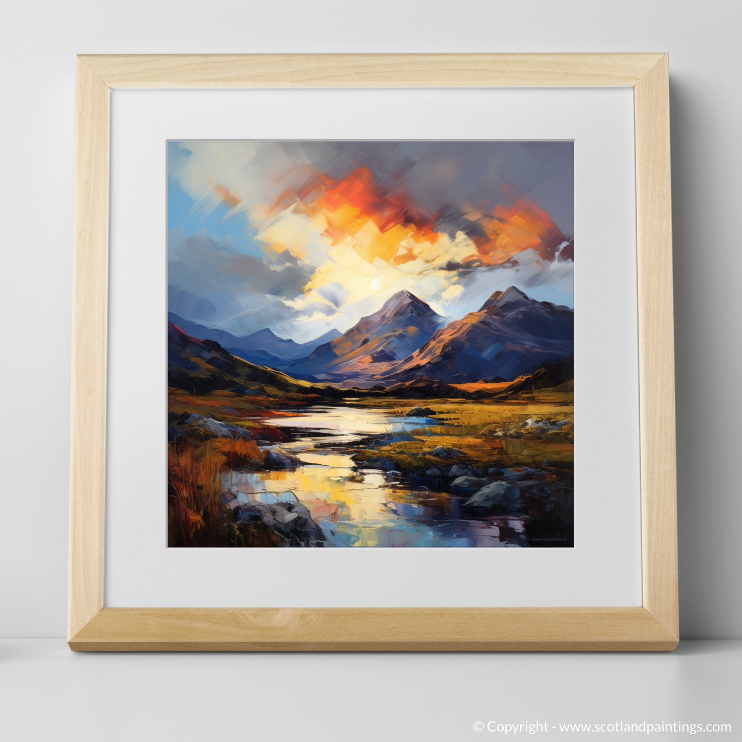 Art Print of Moody clouds at sunset in Glencoe with a natural frame