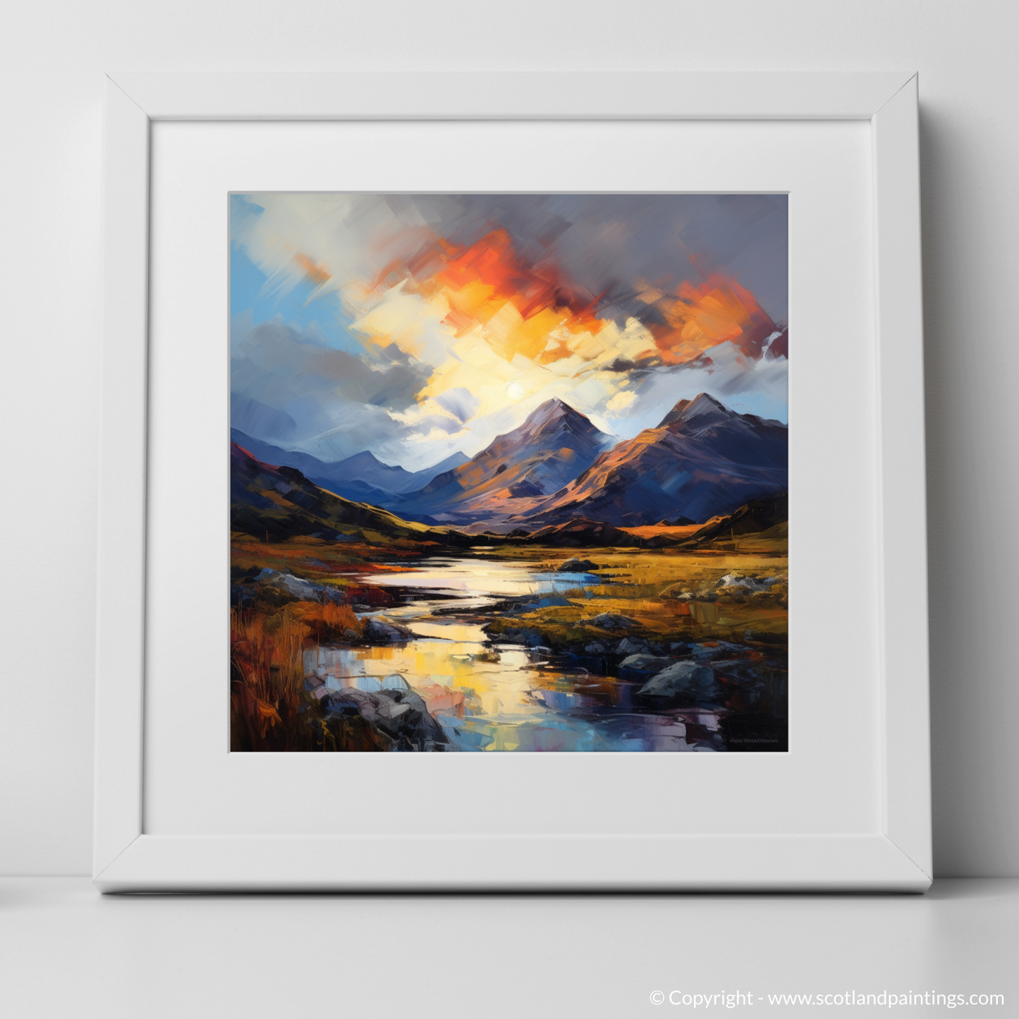 Art Print of Moody clouds at sunset in Glencoe with a white frame