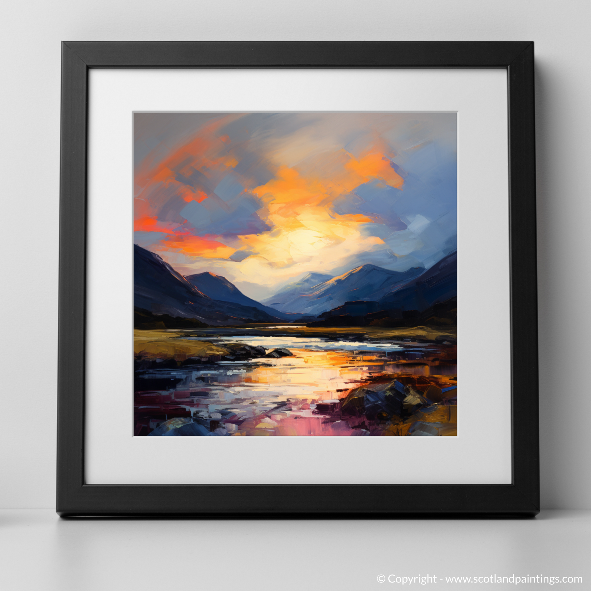 Art Print of Moody clouds at sunset in Glencoe with a black frame