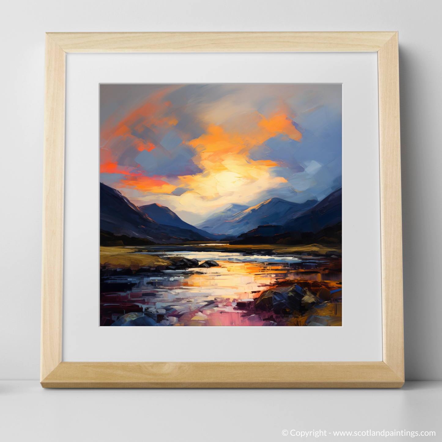 Art Print of Moody clouds at sunset in Glencoe with a natural frame