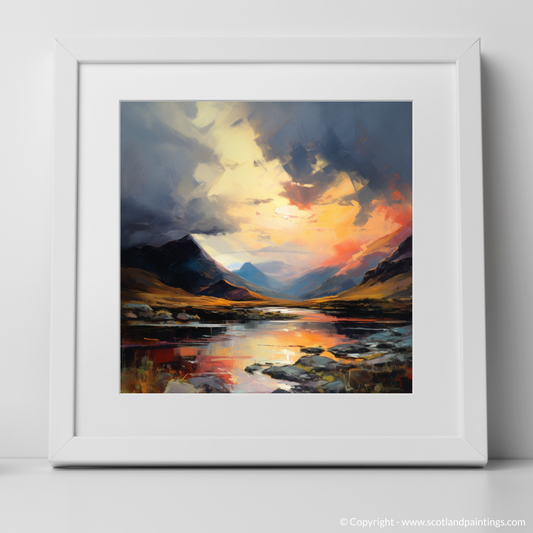 Art Print of Moody clouds at sunset in Glencoe with a white frame