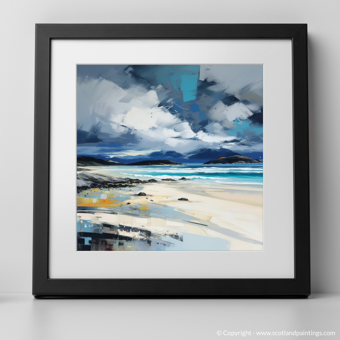 Art Print of Luskentyre Beach with a stormy sky with a black frame