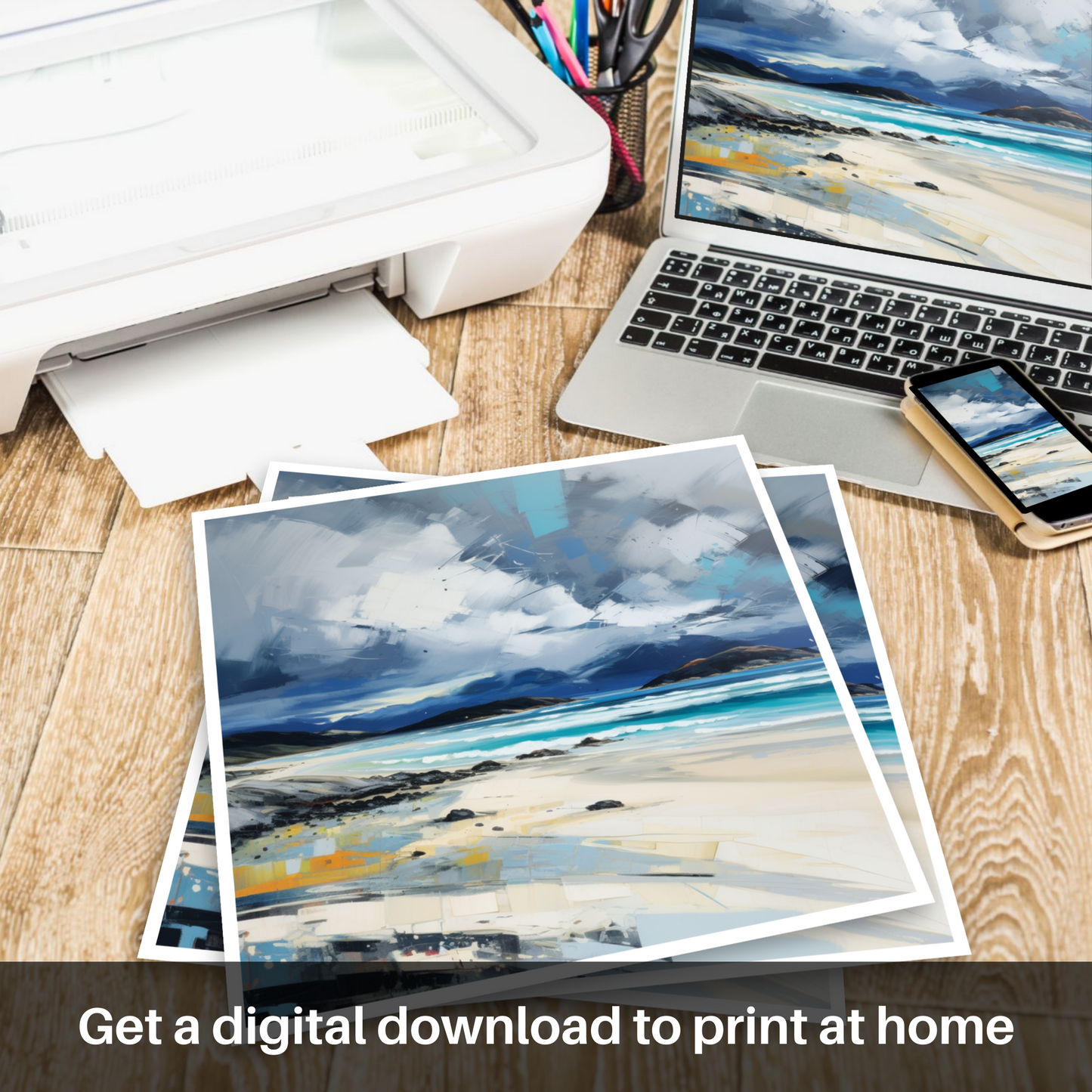 Downloadable and printable picture of Luskentyre Beach with a stormy sky