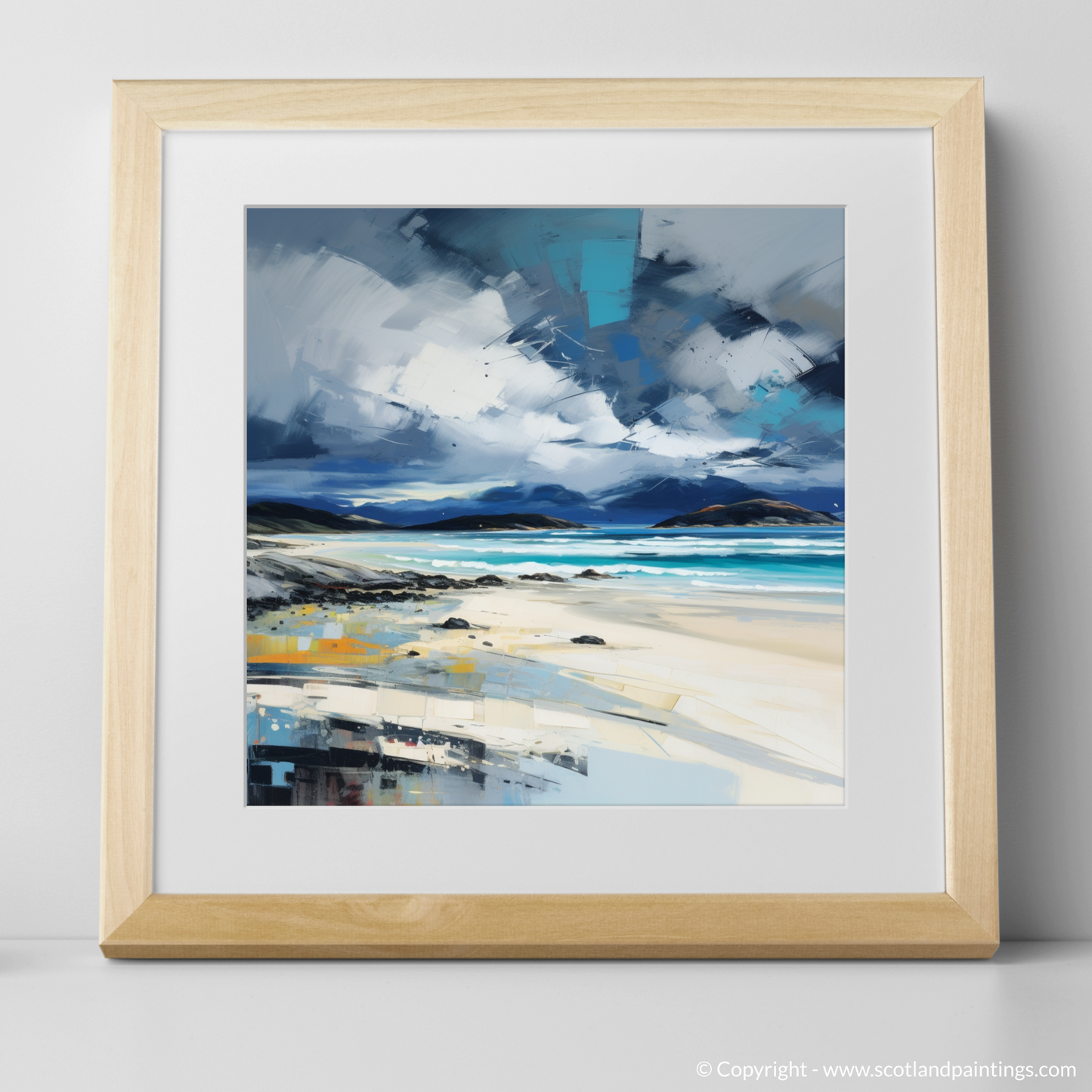 Art Print of Luskentyre Beach with a stormy sky with a natural frame