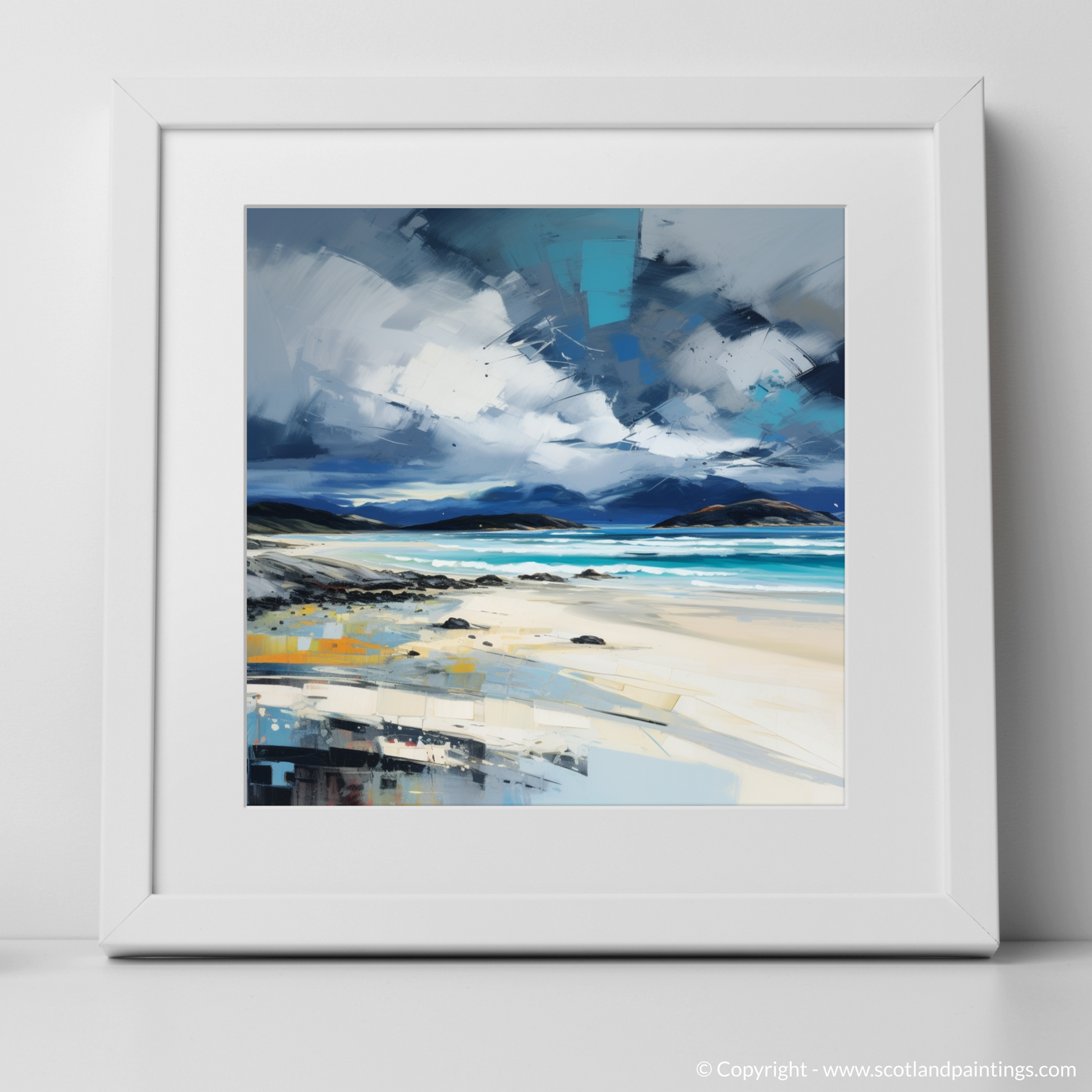 Art Print of Luskentyre Beach with a stormy sky with a white frame