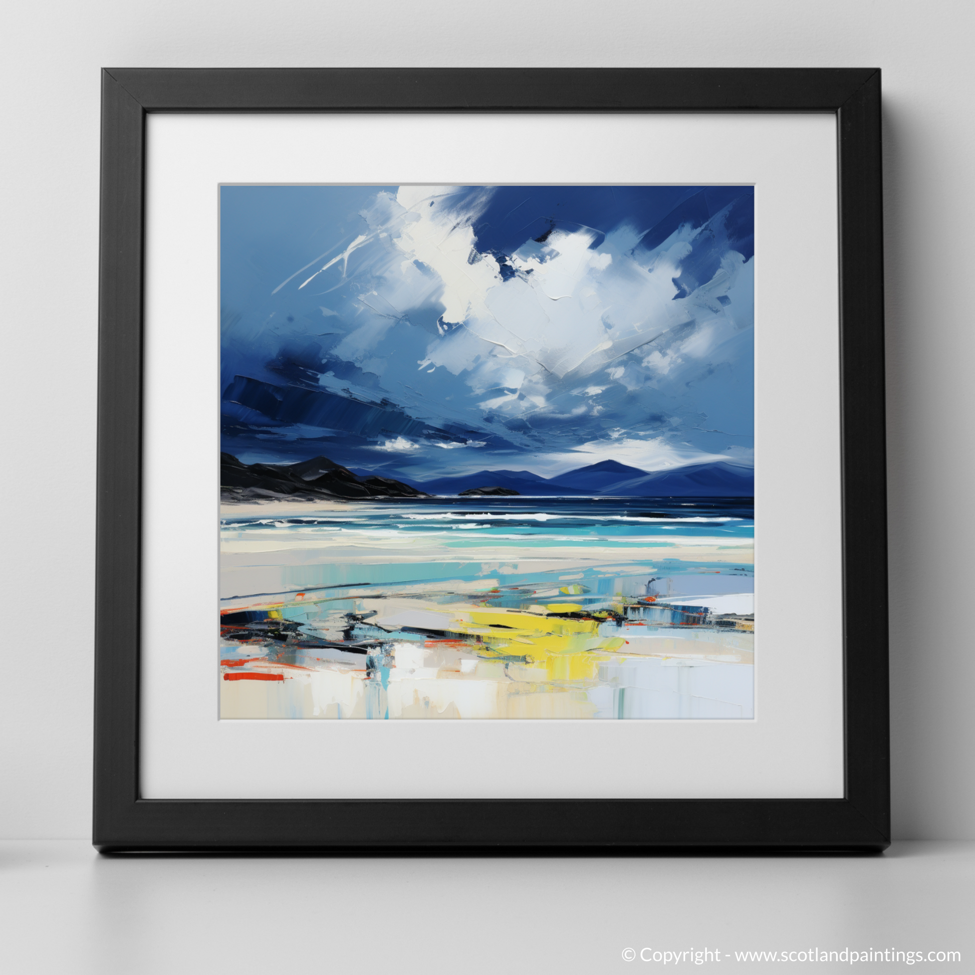 Art Print of Luskentyre Beach with a stormy sky with a black frame