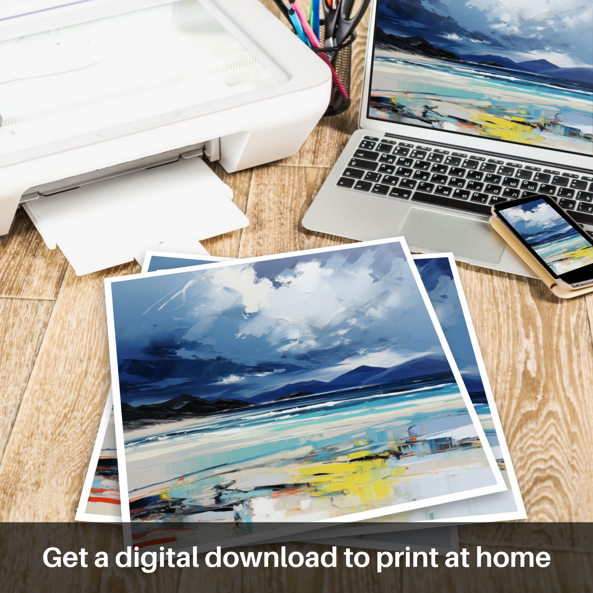 Downloadable and printable picture of Luskentyre Beach with a stormy sky