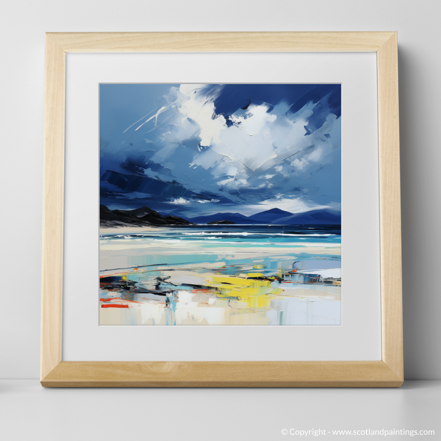 Art Print of Luskentyre Beach with a stormy sky with a natural frame