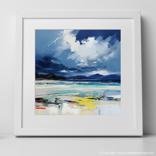 Art Print of Luskentyre Beach with a stormy sky with a white frame