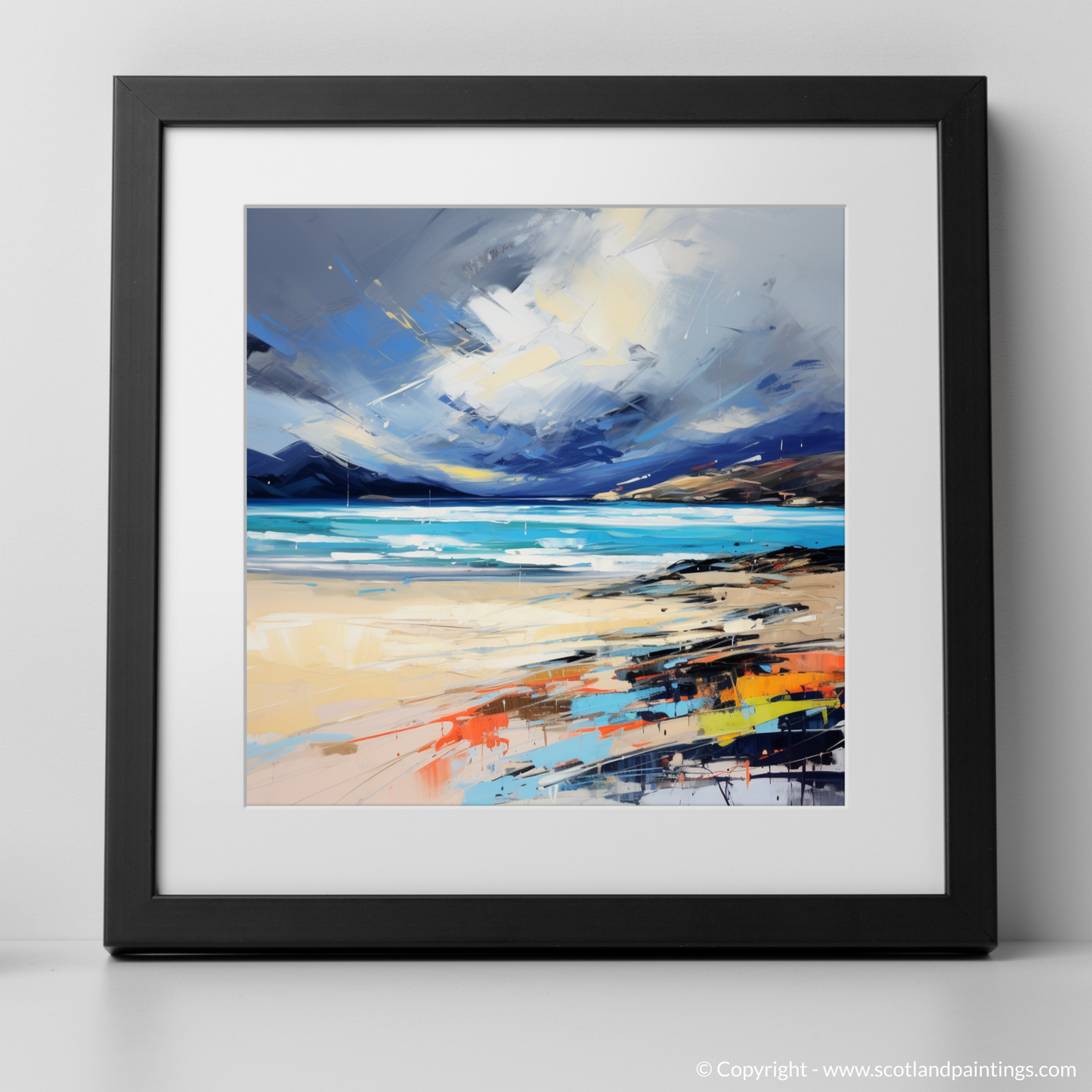 Art Print of Luskentyre Beach with a stormy sky with a black frame