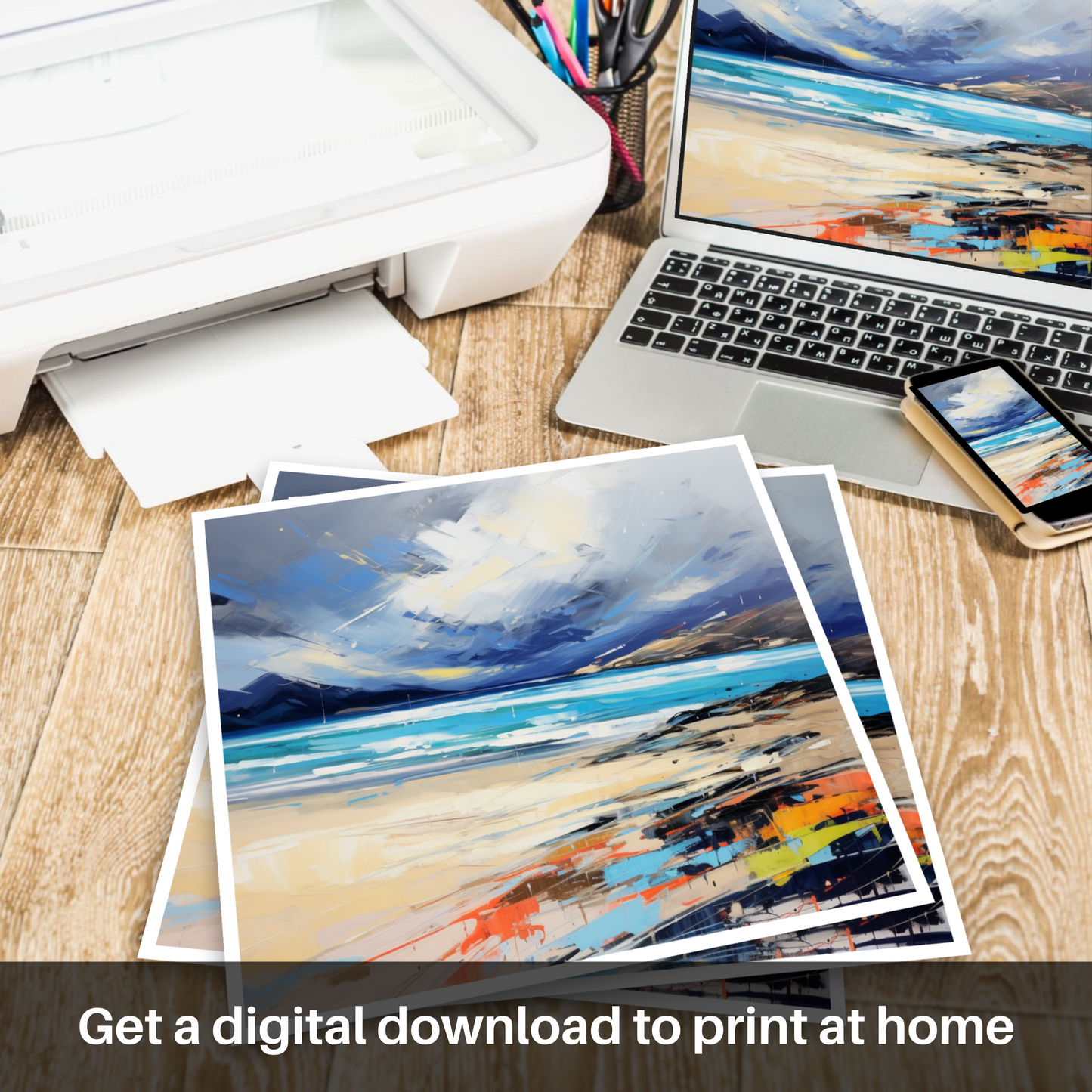 Downloadable and printable picture of Luskentyre Beach with a stormy sky