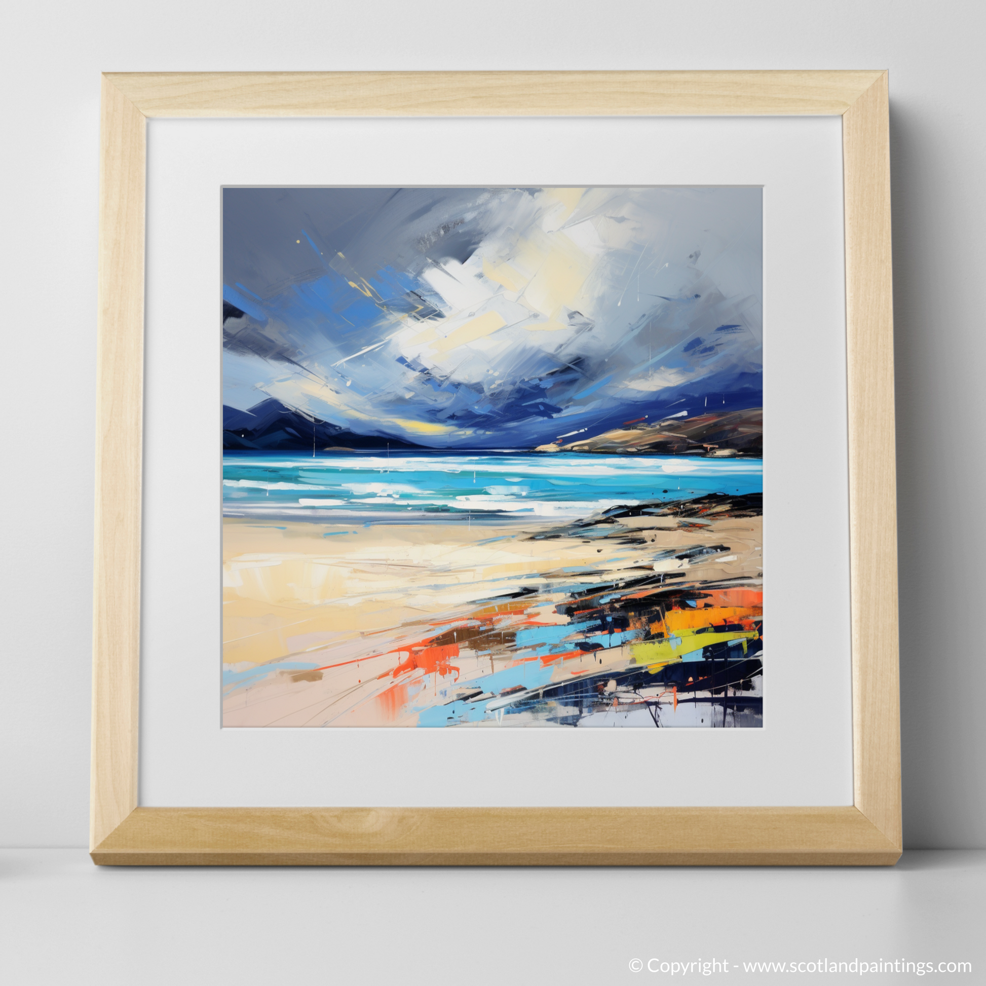 Art Print of Luskentyre Beach with a stormy sky with a natural frame