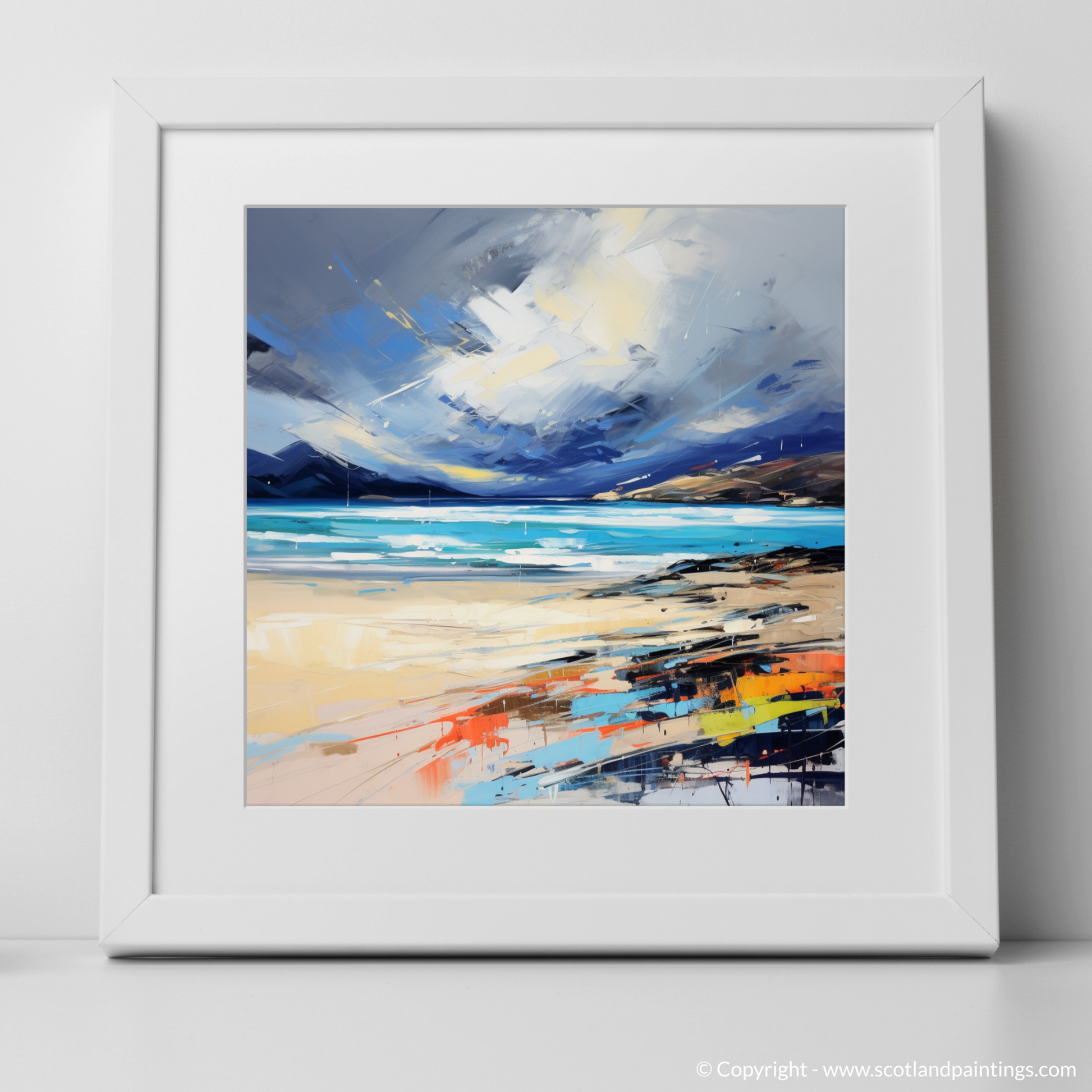 Art Print of Luskentyre Beach with a stormy sky with a white frame