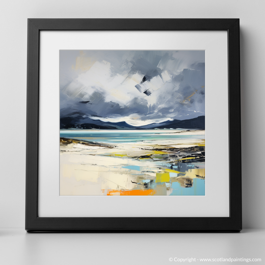 Art Print of Luskentyre Beach with a stormy sky with a black frame