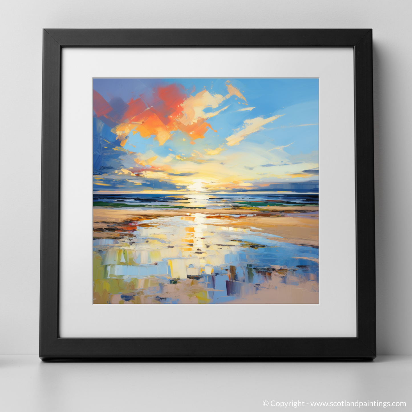 Art Print of Nairn Beach at golden hour with a black frame