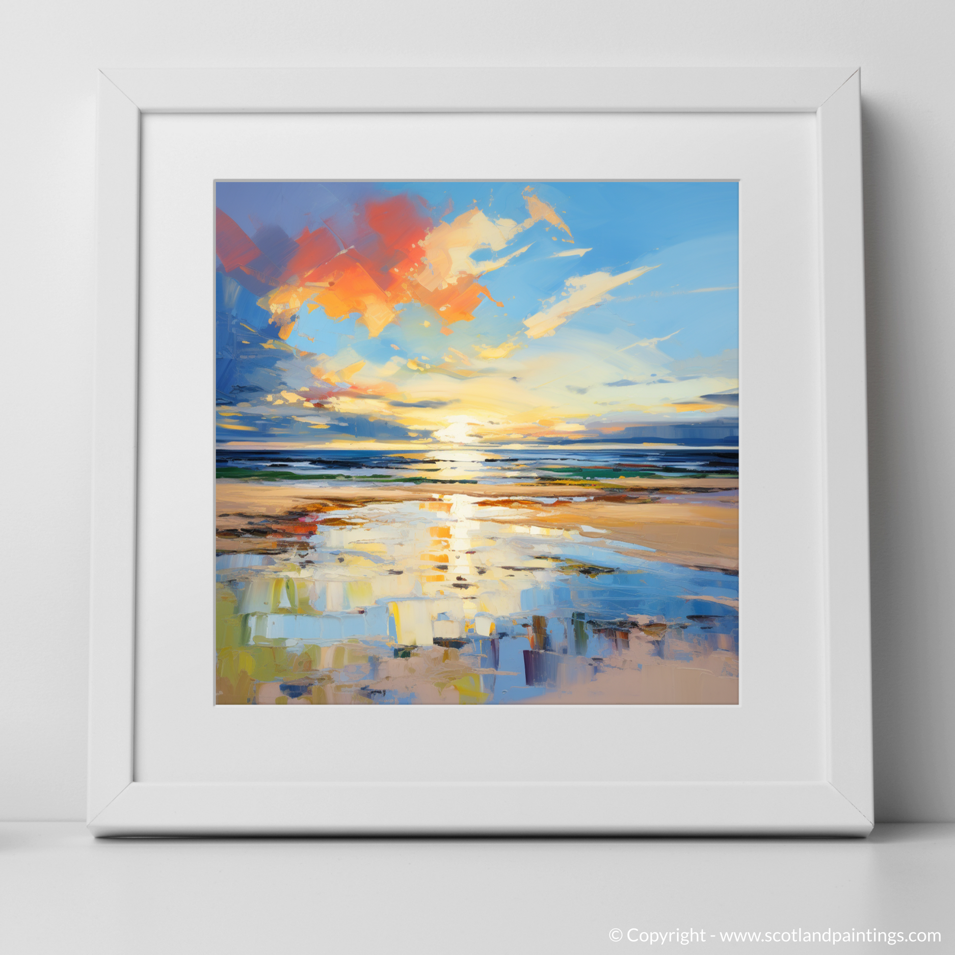 Art Print of Nairn Beach at golden hour with a white frame