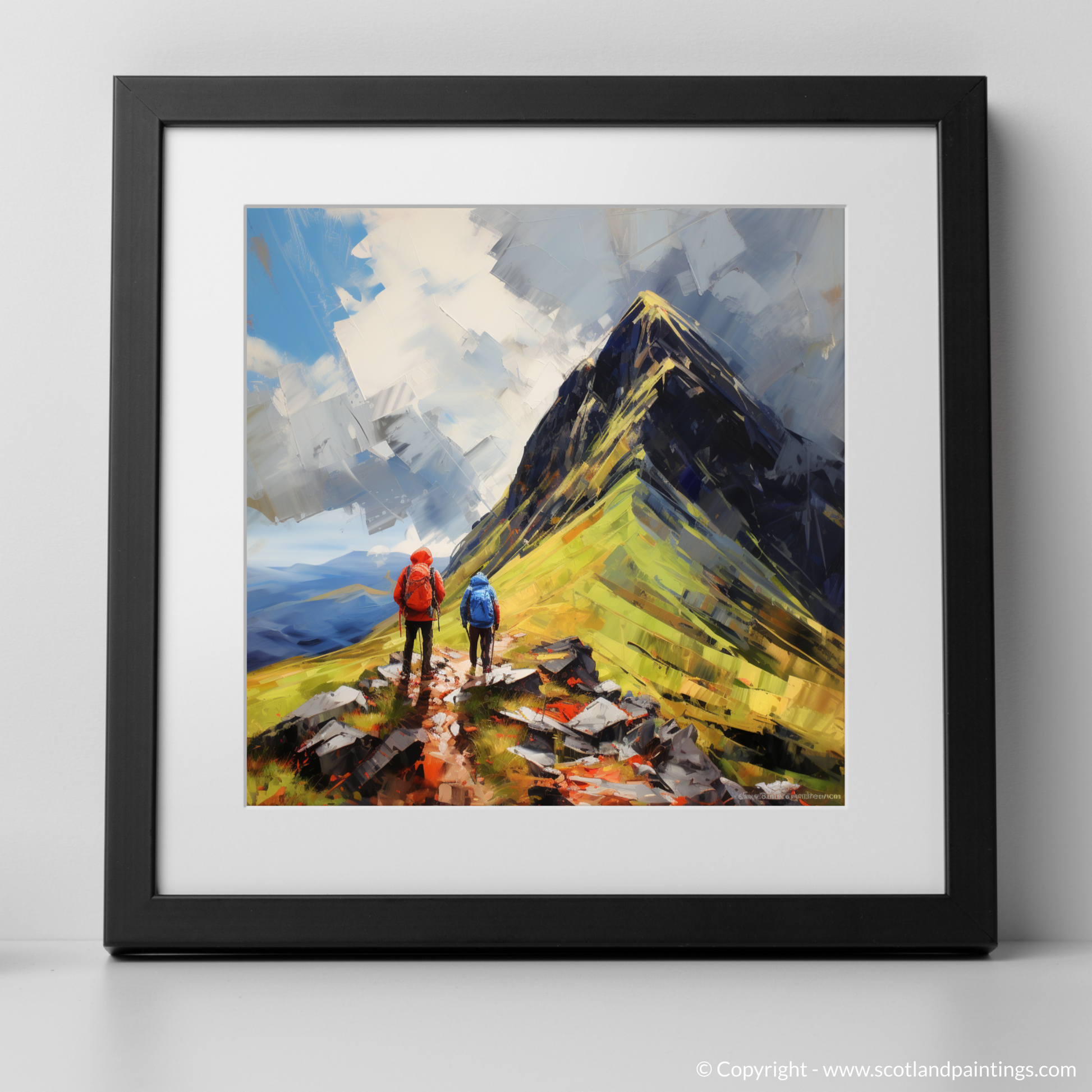 Art Print of Hikers at Buachaille summit in Glencoe with a black frame