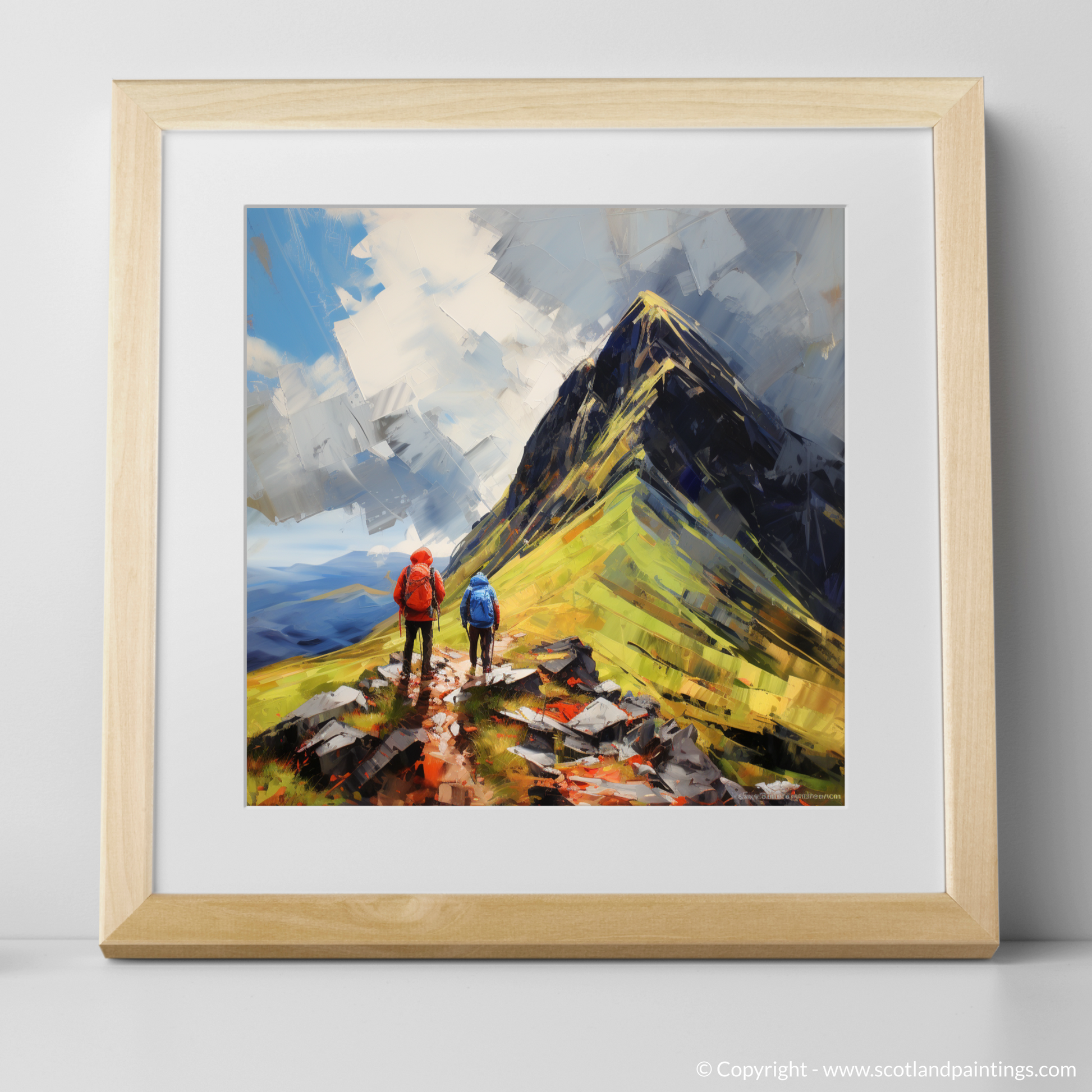 Art Print of Hikers at Buachaille summit in Glencoe with a natural frame
