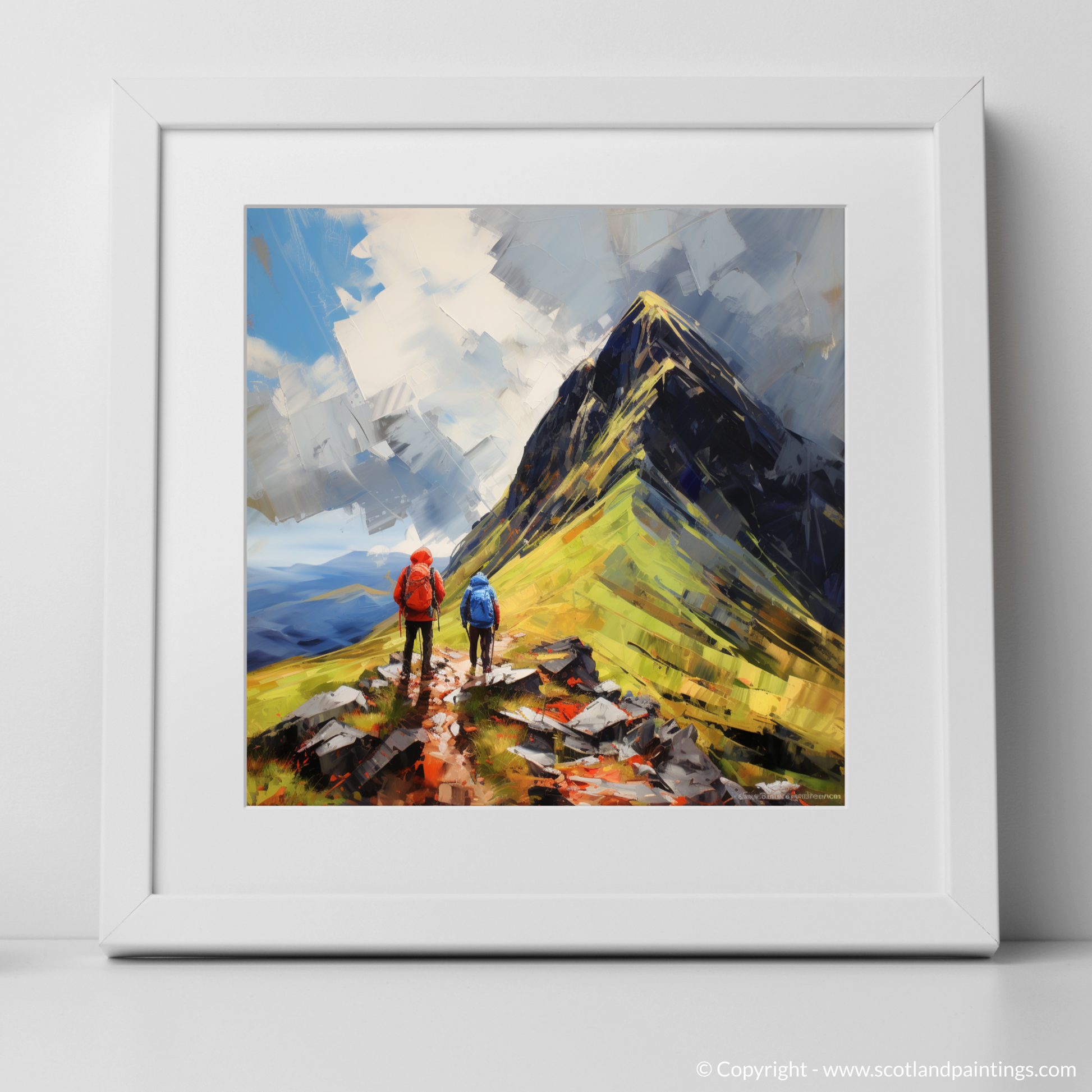 Art Print of Hikers at Buachaille summit in Glencoe with a white frame