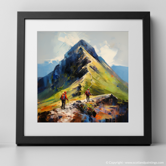 Art Print of Hikers at Buachaille summit in Glencoe with a black frame