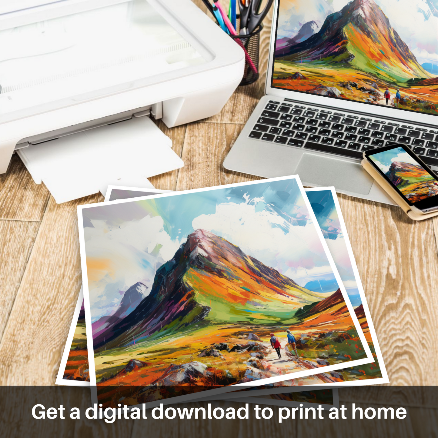 Downloadable and printable picture of Hikers at Buachaille summit in Glencoe