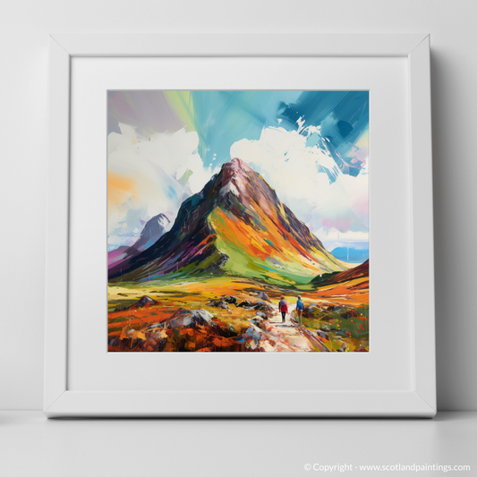 Art Print of Hikers at Buachaille summit in Glencoe with a white frame