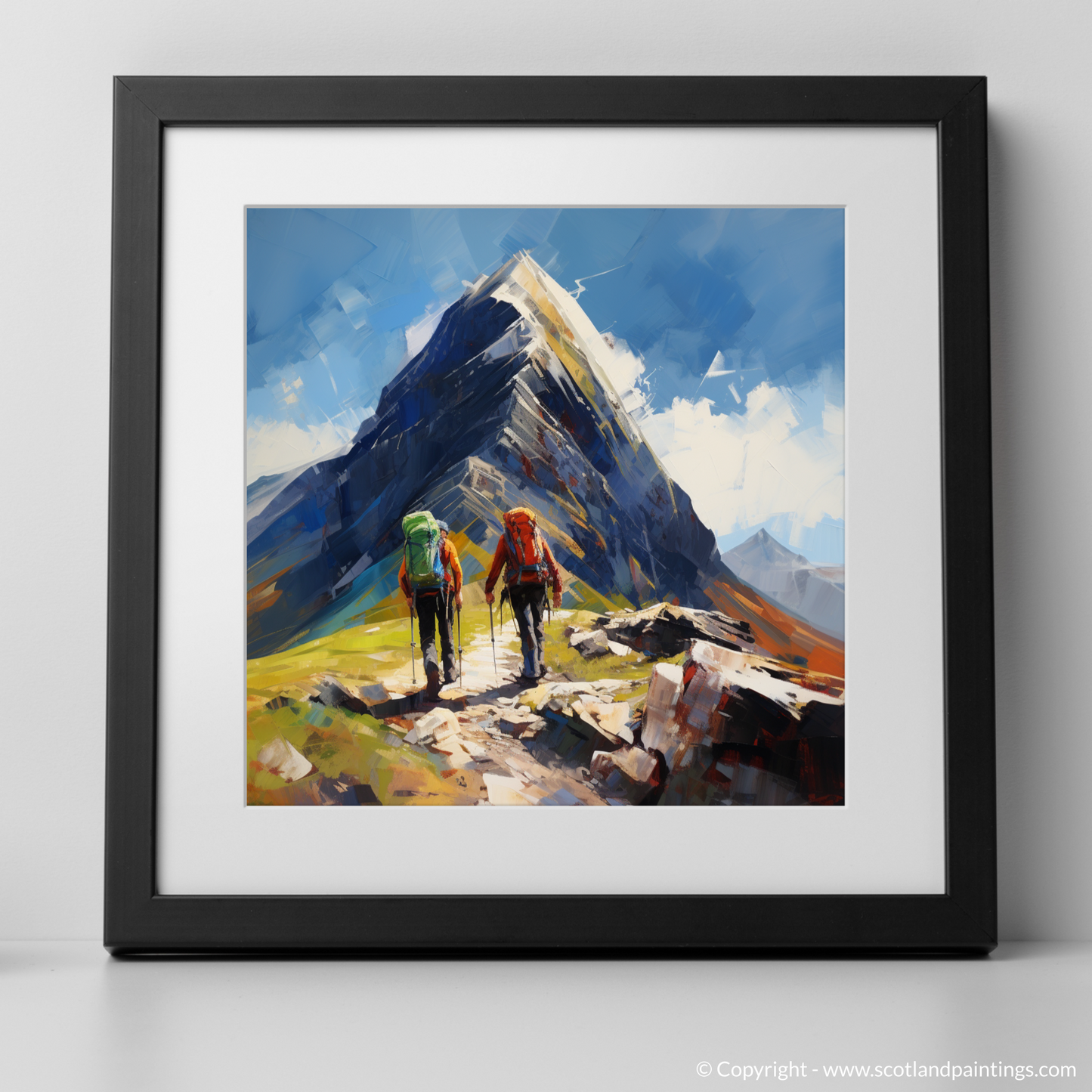 Art Print of Hikers at Buachaille summit in Glencoe with a black frame