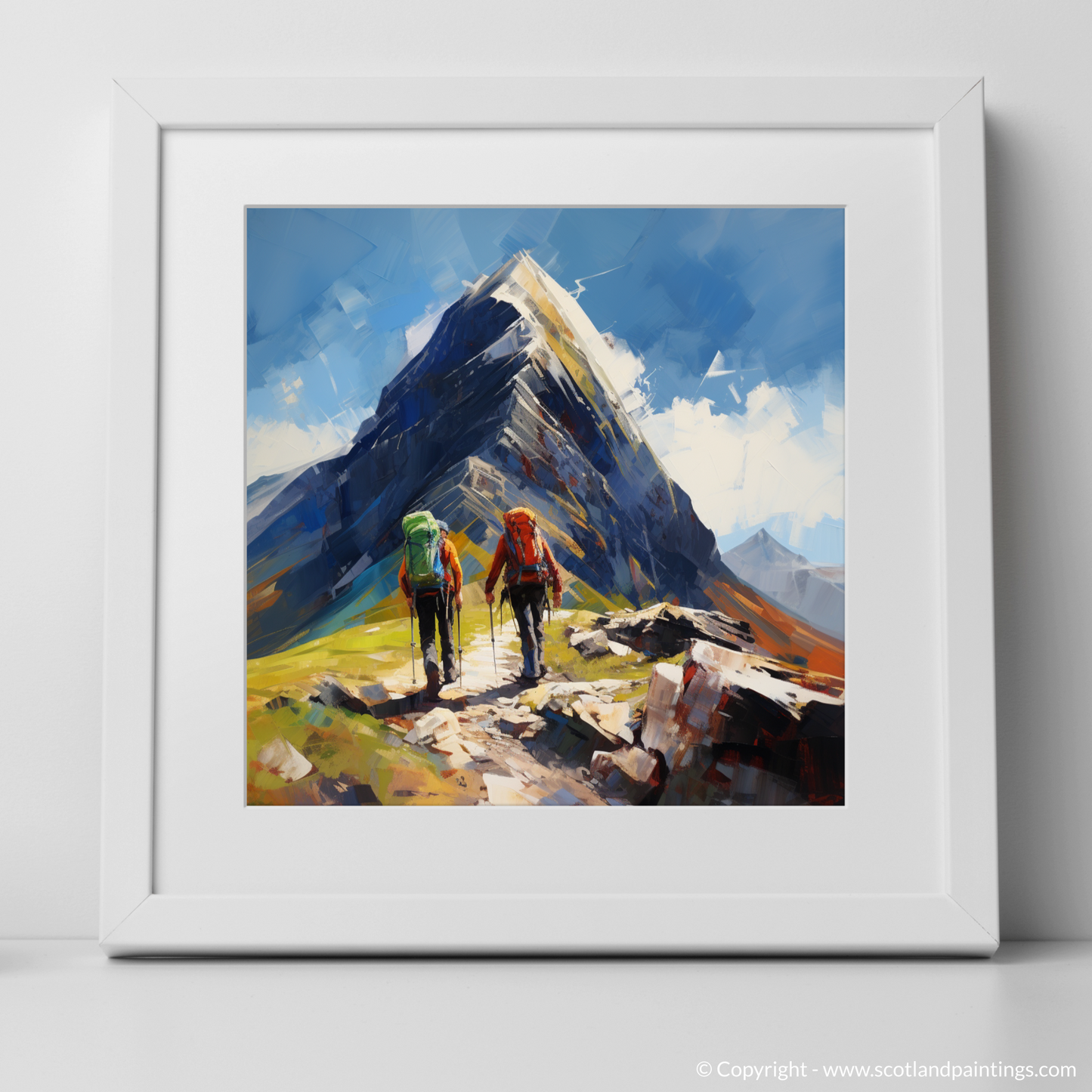 Art Print of Hikers at Buachaille summit in Glencoe with a white frame