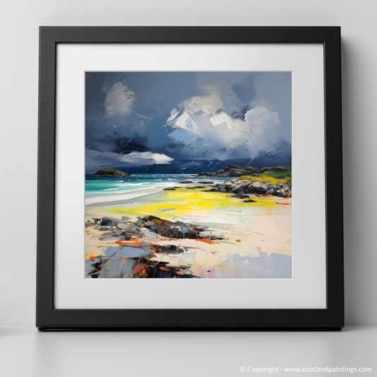 Art Print of Arisaig Beach with a stormy sky with a black frame