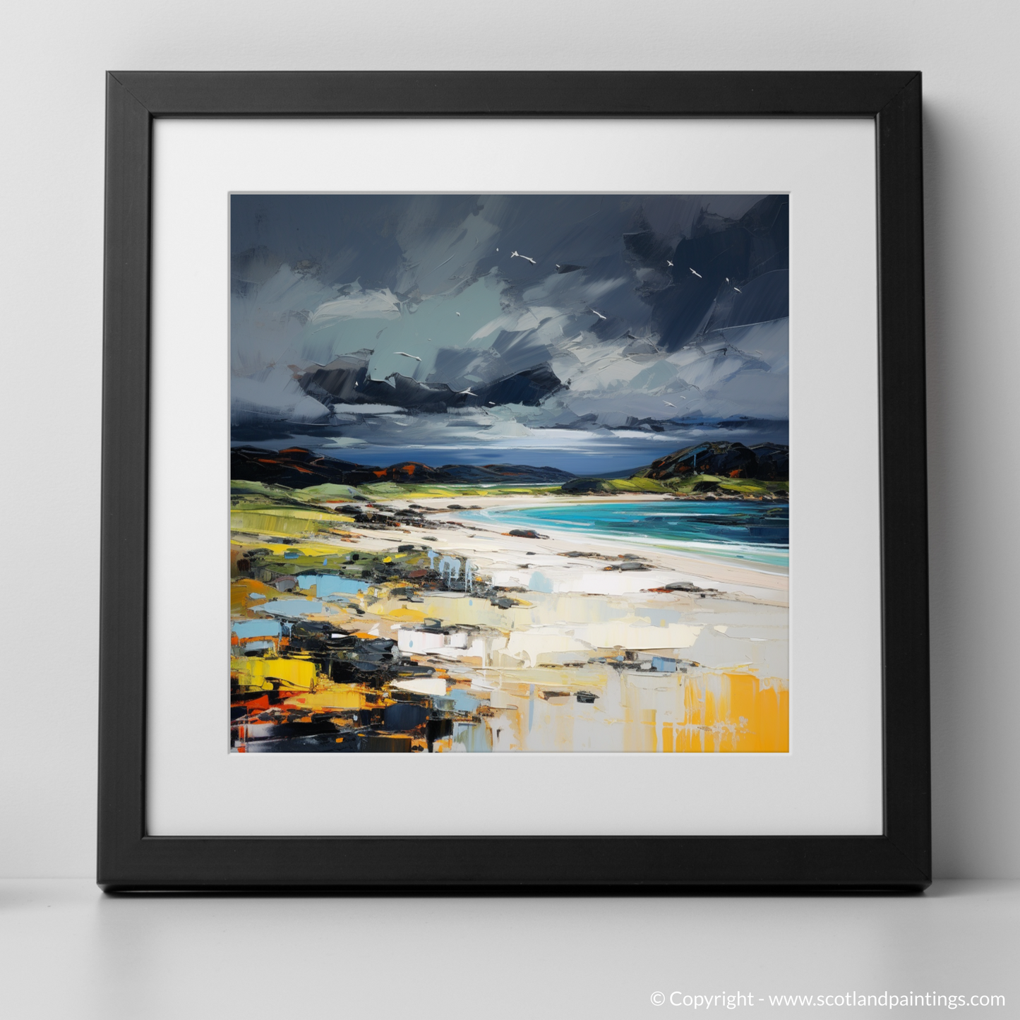 Art Print of Arisaig Beach with a stormy sky with a black frame