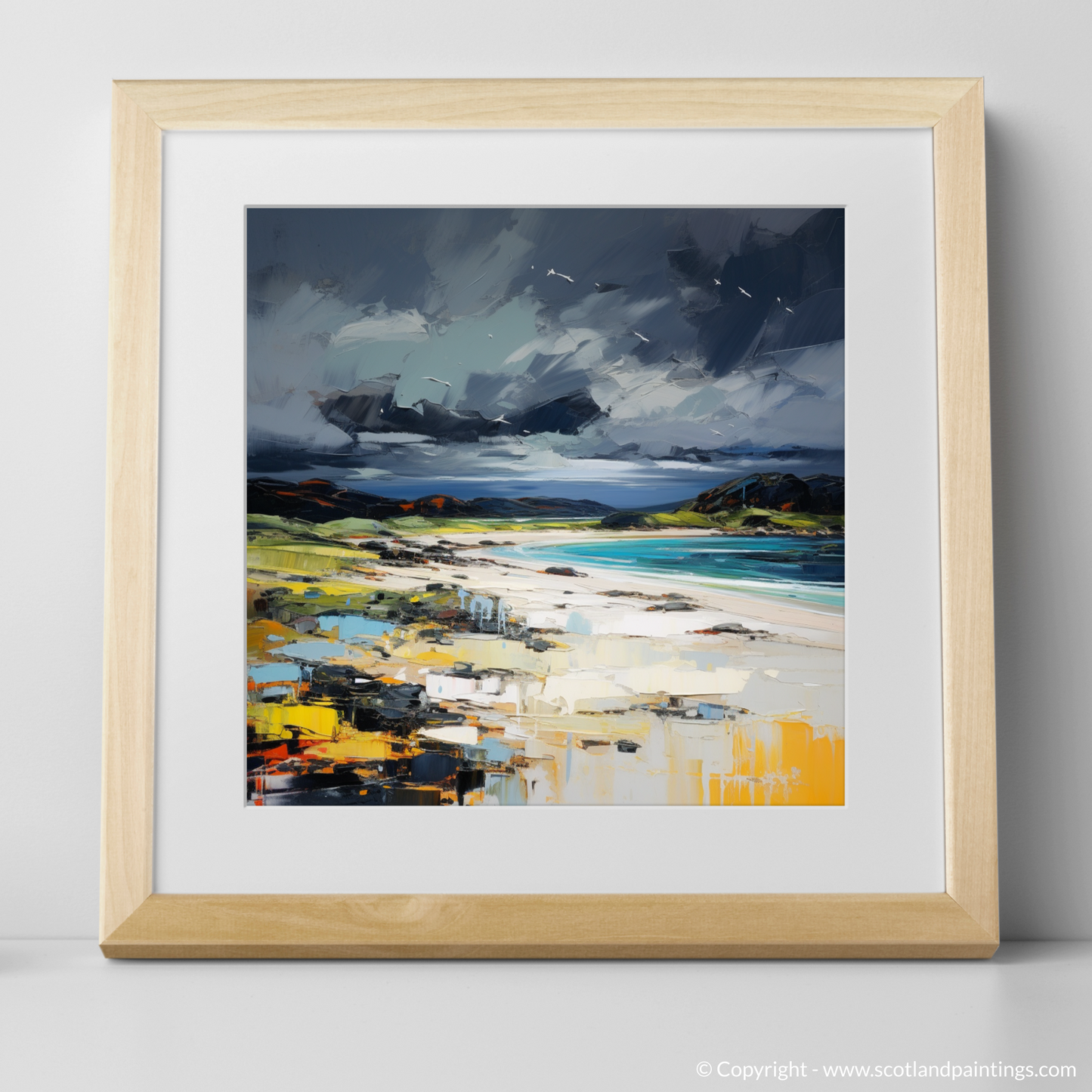 Art Print of Arisaig Beach with a stormy sky with a natural frame