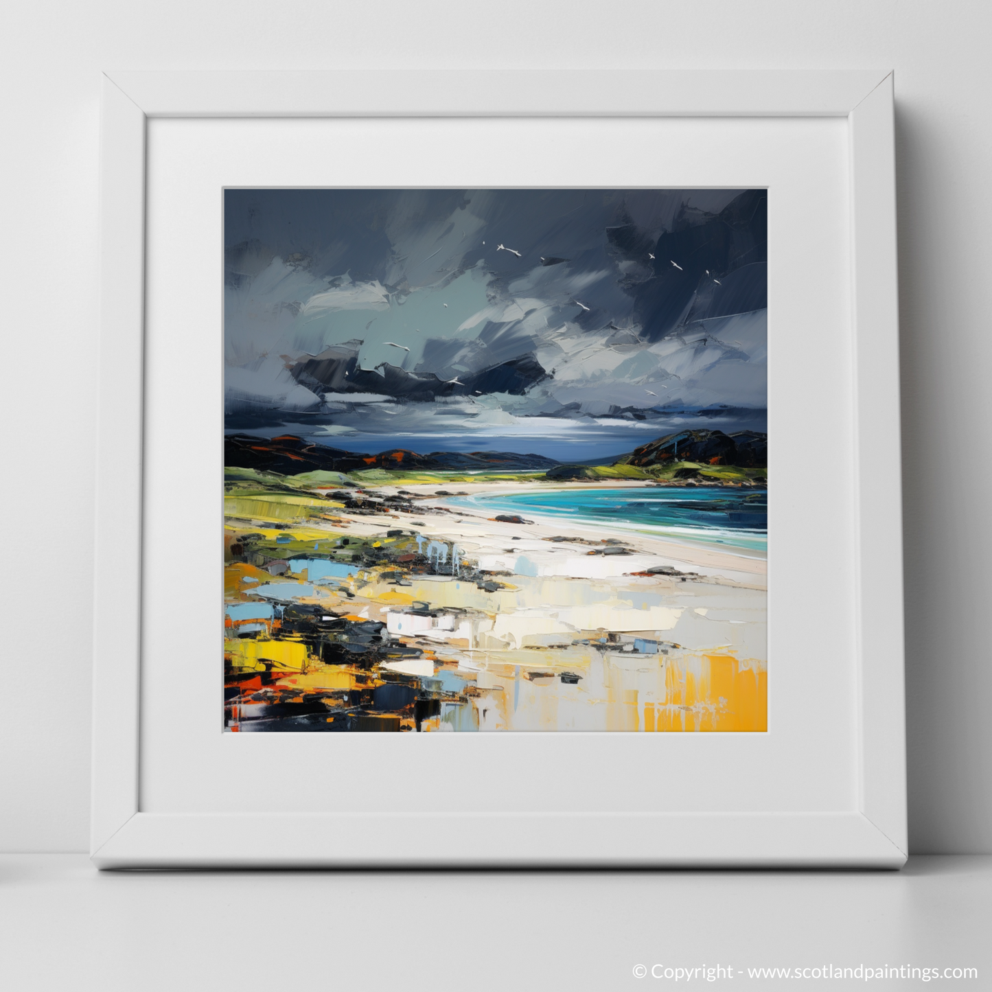 Art Print of Arisaig Beach with a stormy sky with a white frame