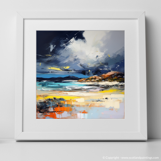 Art Print of Arisaig Beach with a stormy sky with a white frame