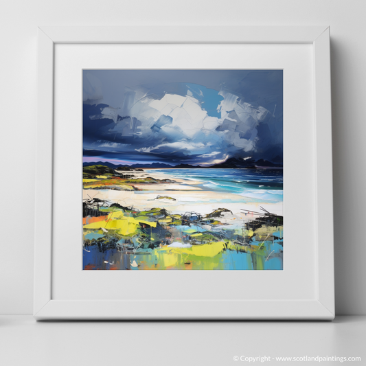 Art Print of Arisaig Beach with a stormy sky with a white frame