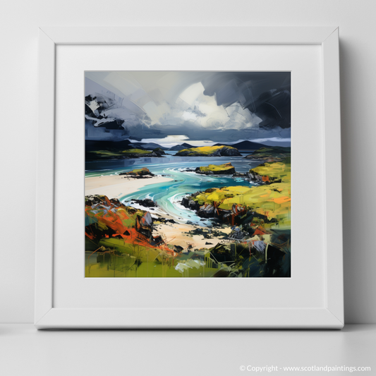 Art Print of Kiloran Bay with a stormy sky with a white frame