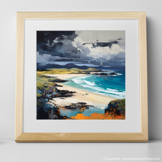Art Print of Kiloran Bay with a stormy sky with a natural frame
