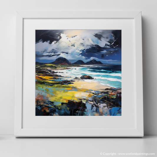 Art Print of Kiloran Bay with a stormy sky with a white frame