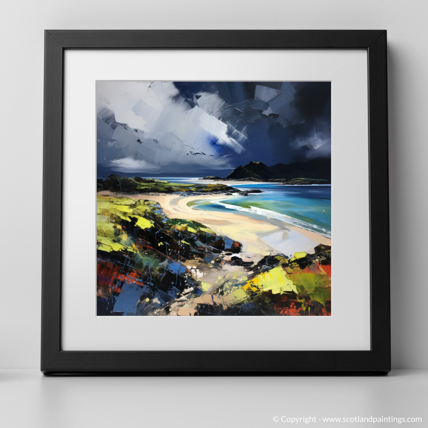 Painting and Art Print of Kiloran Bay with a stormy sky. Storm Over Kiloran Bay: An Expressionist Ode to Scottish Majesty.