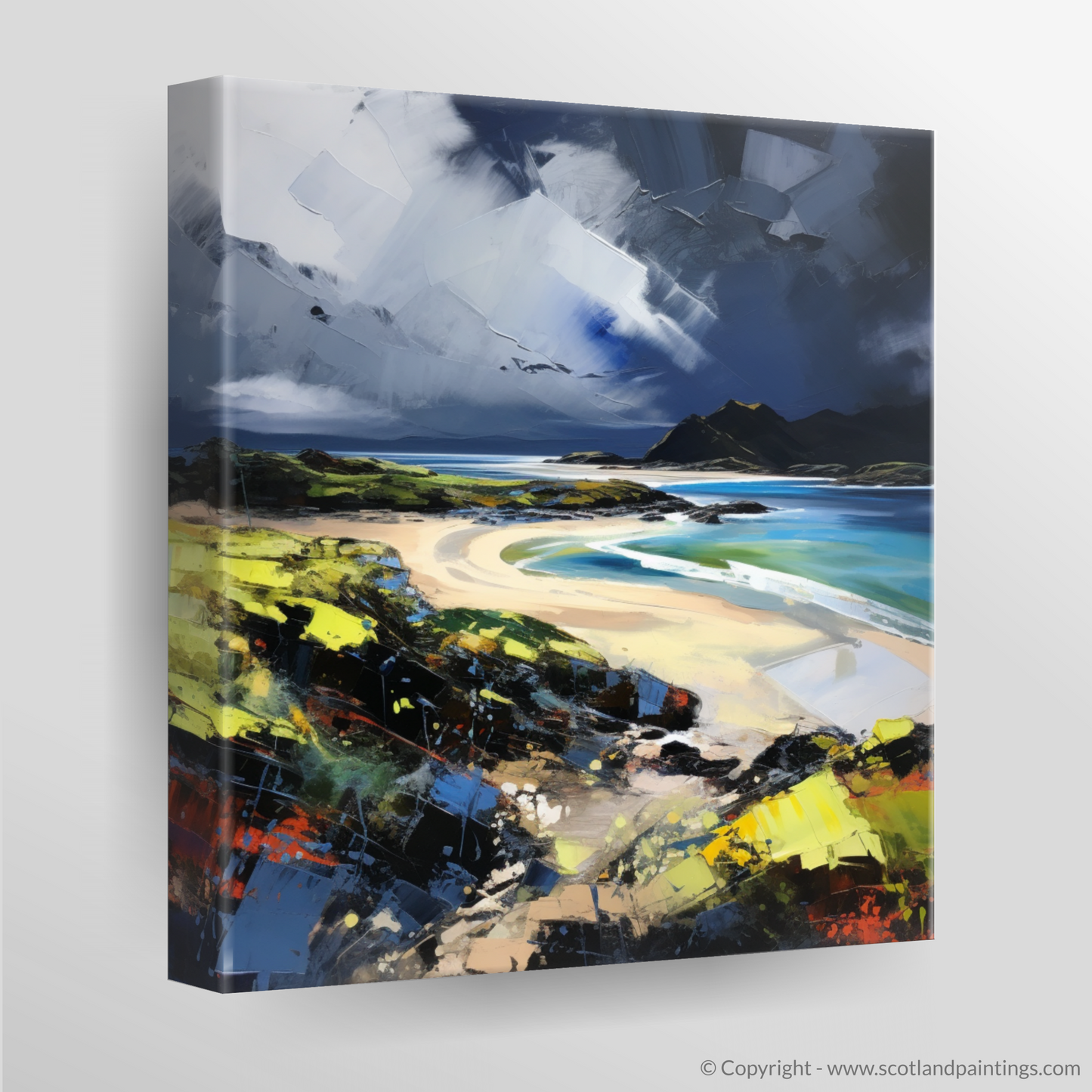 Painting and Art Print of Kiloran Bay with a stormy sky. Storm Over Kiloran Bay: An Expressionist Ode to Scottish Majesty.